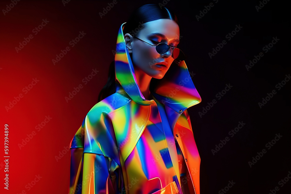 A model girl walks down the catwalk in a bright abstract outfit at a fashion show.Generative AI illustration. Fashion Week.