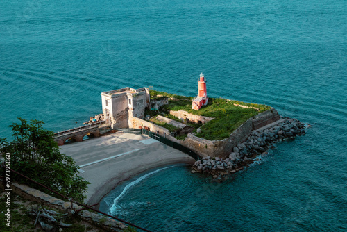 lighthouse of the bay castle. Baia beach. Naples, Italy. Tourism in Italy. Sea landscapes in Italy in Baia. Bacoli. vivid colors. Spring, Summer, Holidays
