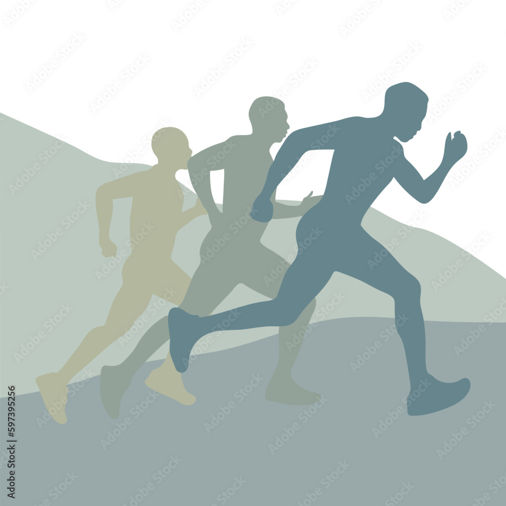Vector poster design. The concept of a healthy lifestyle. People in nature run against the background of mountains. Flat vector illustration. Template for banner, advertising cover, flyer Vector poster design. The concept of a healthy lifestyle. People in nature run against the background of mountains. Flat vector illustration. Template for banner, advertising cover, flyer