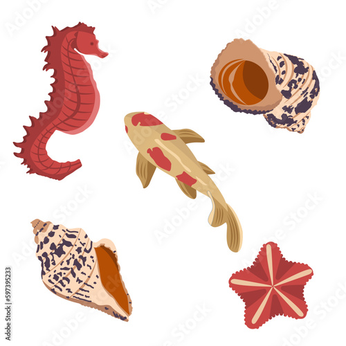 Color vector set of Ocean inhabitants and objects of the underwater world. Illustration of Fish and Shells. The concept of Summer holidays.