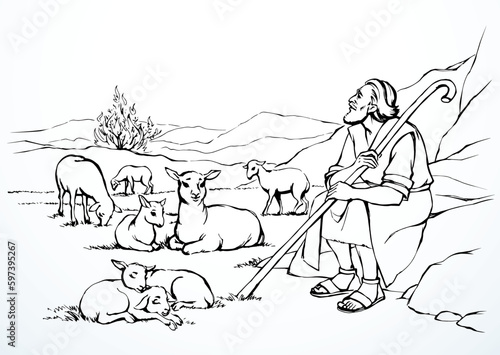 Vector drawing. Shepherd with sheep