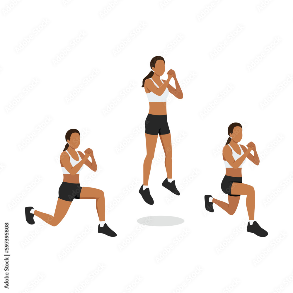 Woman doing Explosive Jumping Alternating Lunges Exercise in 3 steps for lower body and Hamstring. Flat vector illustration isolated on white background