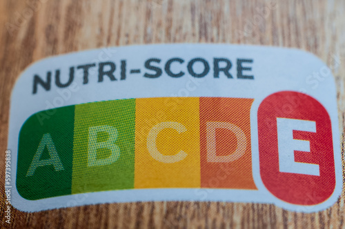 Close-up Nutri-Score E label on food packaging giving information on nutritional quality
 photo