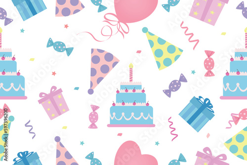 A set for a cartoon birthday party. Sweet cake, colorful balloons and birthday gifts.A set for birthday and celebration.Vector illustration.