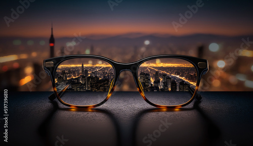 Night cityscape focused on glasses lenses. Generative AI  © Kanchana