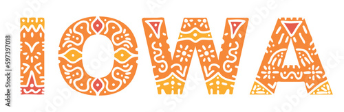 IOWA. Isolated text with national ethnic ornament. USA American state IOWA for social network, web resources, mobile app, games, clothing, t-shirt, banner, adv. Stock image