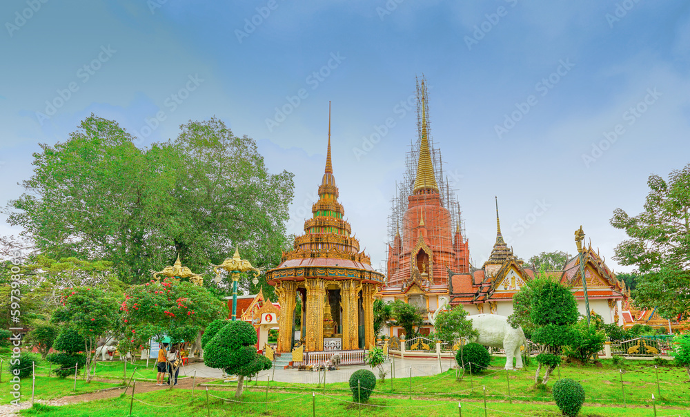 Fototapeta premium Panorama view of Wat Chang Hai with background, Pattani, South of Thailand. The temple in natural and forest