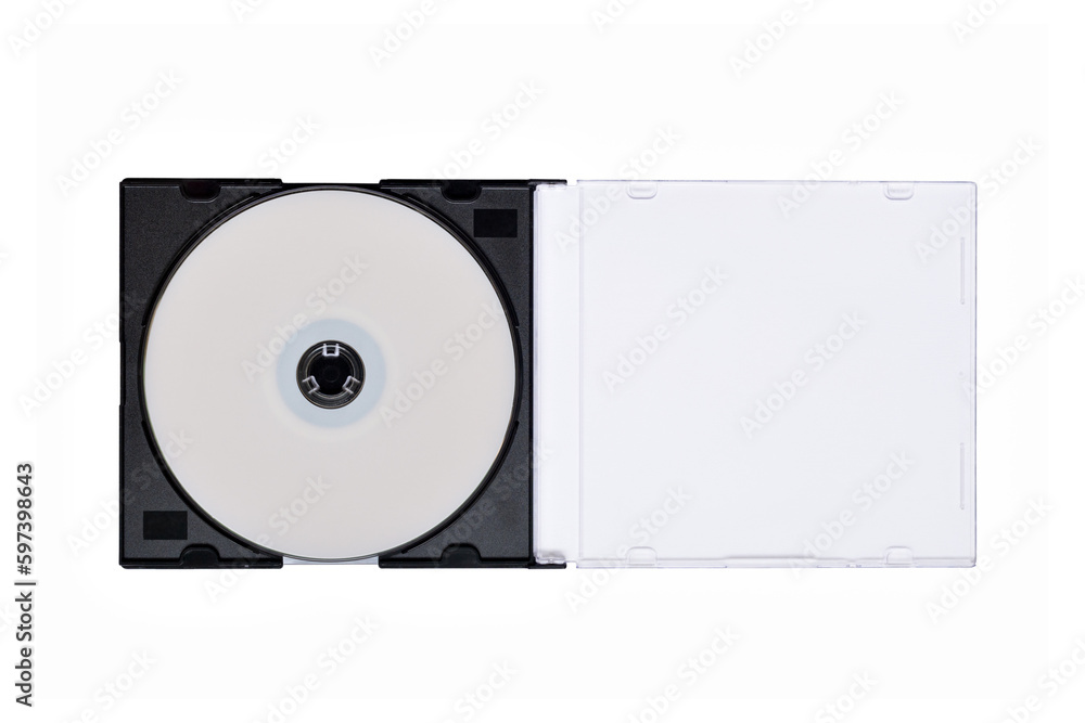 CD in an open box isolated on a white background without a shadow. White CD or DVD-ROM in a box. Empty cd open box. CD in an open box isolated on a white background without a shadow. White CD or DVD-ROM in a box. Empty cd open box.