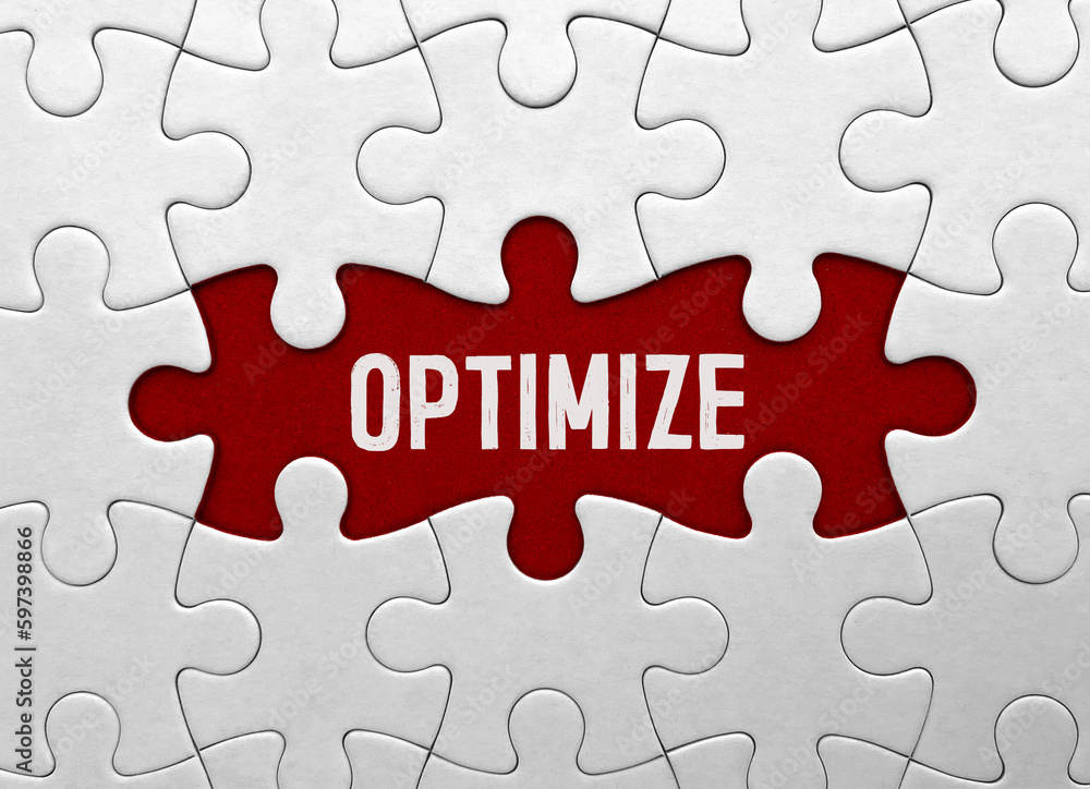 Word OPTIMIZE on red puzzle background