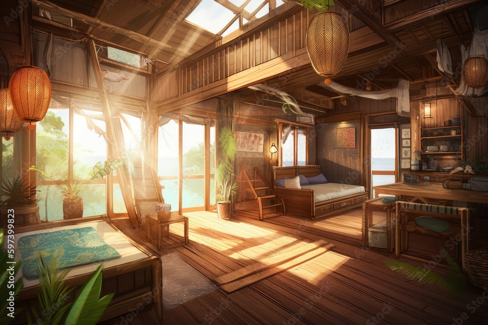 Summer waterfront wood bungalow. Generate Ai Summer waterfront wood bungalow. Generate Ai