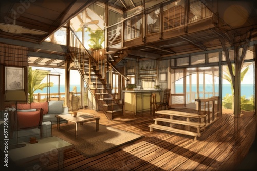 Summer waterfront bamboo bungalow. Generate Ai