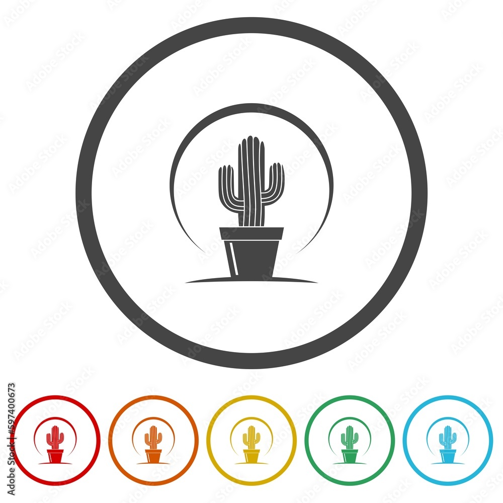Cactus logo. Set icons in color circle buttons