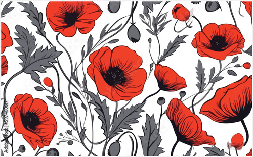 Red Poppy Flowers with Leaves Seamless Pattern Vector For Digital Printing