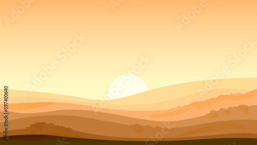 Minimalist mountain landscape. Sunset. Design for banner, poster, cover template, blog post, social media template, wallpaper, card. Modern vector background with space for text