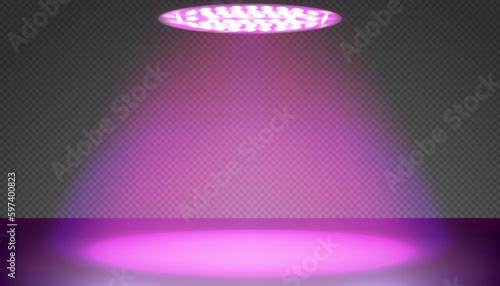 Led red and blue spectrum round phytolamp for indoor plant growing above countertop or sill. Pink uv light. Modern agro equipment for illumination in commercial greenhouse or home gardening