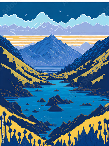 Lake in mountains. AI generated illustration