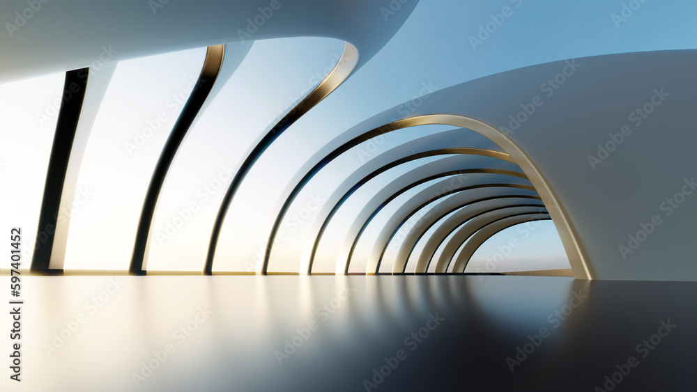 Naklejka premium 3d render of abstract futuristic architecture with empty concrete floor.
