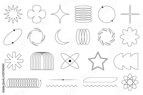 A set of linear abstract, geometric shapes in the style of Y2K . Trendy graphic elements on a black background.	

