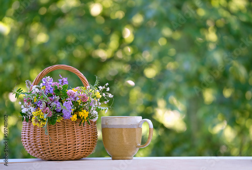 Fototapeta Naklejka Na Ścianę i Meble -  flowers bouquet in wicker basket and cup close up on table in garden, abstract natural green background. spring, summer season. rustic still life with meadow flowers. template for design. copy space