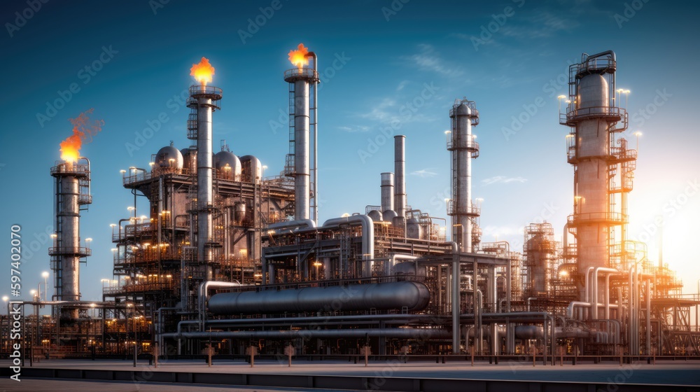  Impressive Oil Refinery, Industrial Complex, Advanced Processing Facility, Fossil Fuel Production, Energy Sector Powerhouse, Generative AI Illustration - obrazy, fototapety, plakaty 