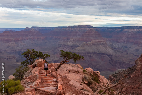 Woman with scenic view from Ooh Ahh point on South Kaibab hiking trail at South Rim, Grand Canyon National Park, Arizona, USA. Colorado River weaving through valleys and rugged terrain. O Neill Butte photo