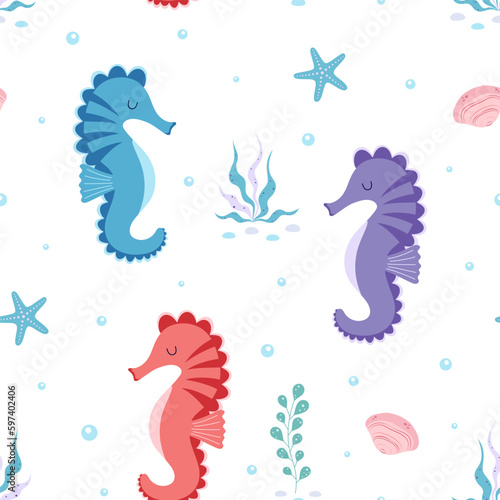 vector seamless pattern with seahorse and seaweed