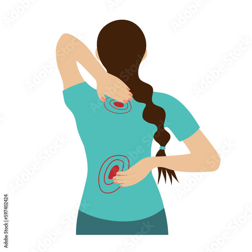 Woman feeling neck and back pain. Spine disease, osteochondrosis, cervical spine treatment, neck injury concept.