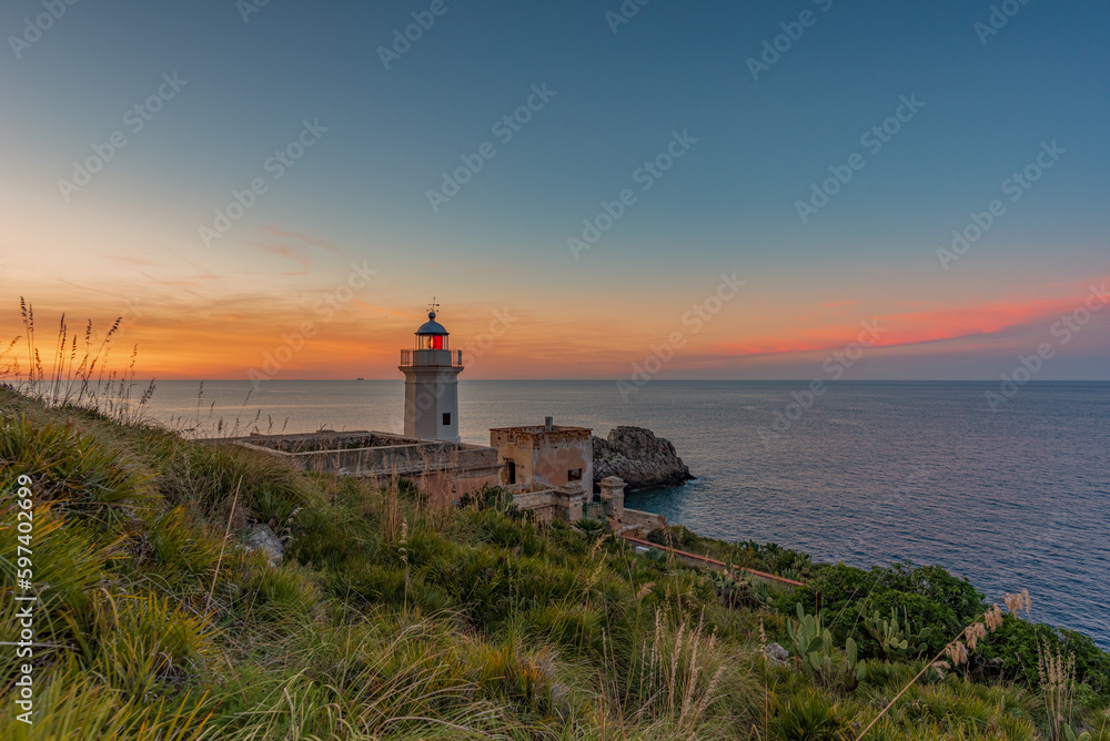 The Capo Zafferano lighthouse at dusk, province of Palermo IT