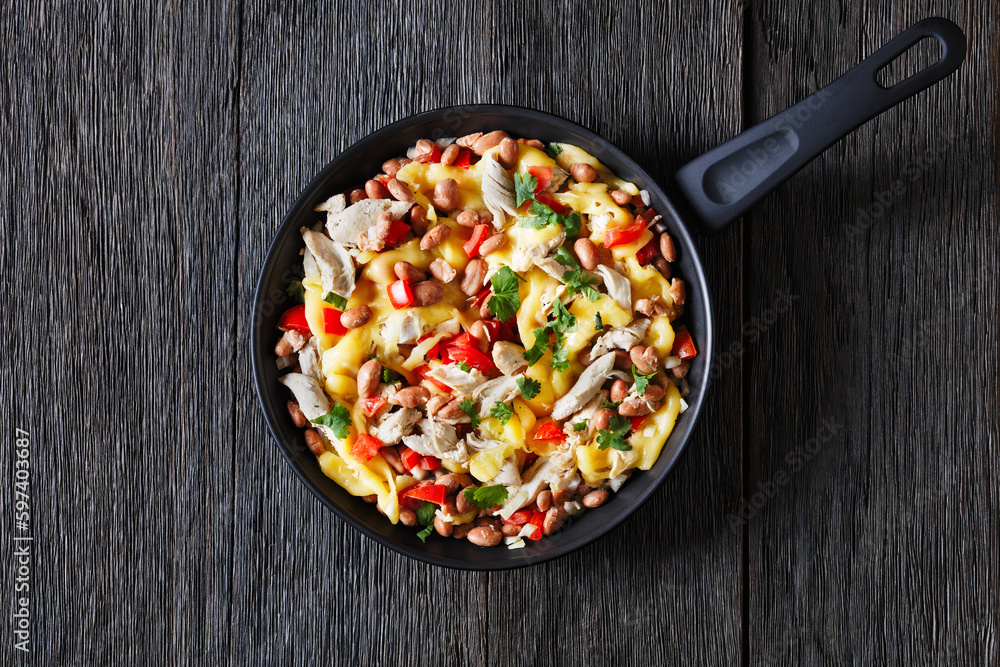 chicken, pinto beans, tomatoes, cheese, top view chicken, pinto beans, tomatoes, cheese, top view