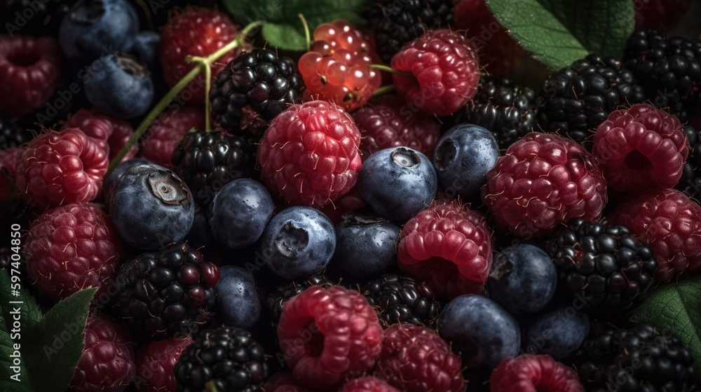 Mix of blueberries, blackberries and raspberries. Berries. Seamless background. Top view. Generative AI Mix of blueberries, blackberries and raspberries. Berries. Seamless background. Top view. Generative AI