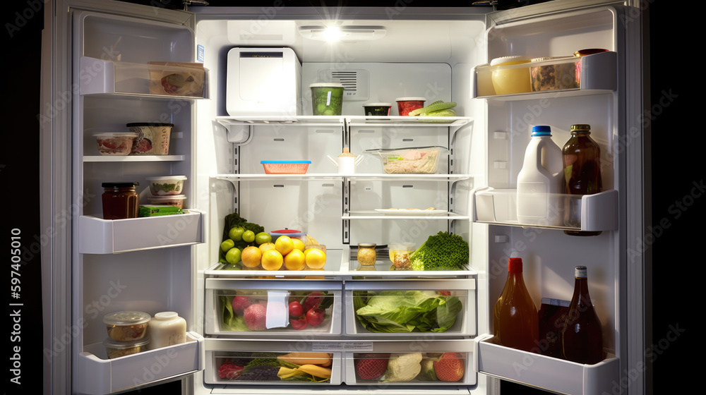Open Refrigerator Full Of Juice And Fresh Vegetables. Generative. AI Open Refrigerator Full Of Juice And Fresh Vegetables. Generative. AI