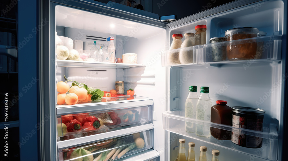 Open Refrigerator Full Of Juice And Fresh Vegetables. Generative. AI Open Refrigerator Full Of Juice And Fresh Vegetables. Generative. AI