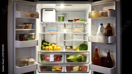 Open Refrigerator Full Of Juice And Fresh Vegetables. Generative. AI