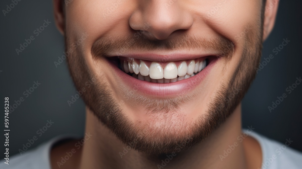 Close up of big smile of european man, white smile, beautiful teeth, man model, studio background, promotional photography. Concept of teeth whitening, dental care, dentistry services. Generative AI Close up of big smile of european man, white smile, beautiful teeth, man model, studio background, promotional photography. Concept of teeth whitening, dental care, dentistry services. Generative AI