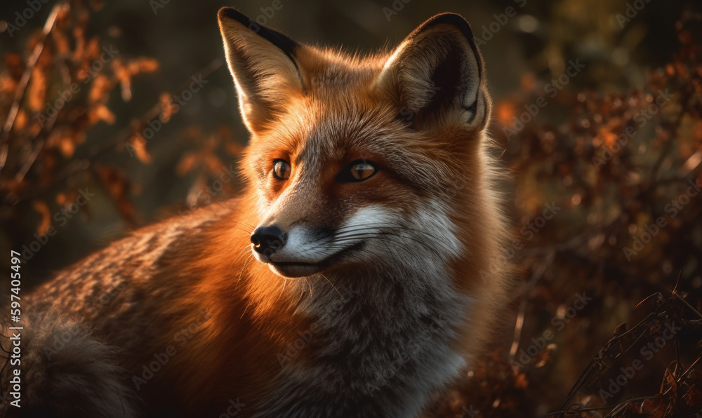 Obraz premium Photo of fox in golden light of dawn, with a mischievous glint in its eye, image showcases details of the fox's russet fur, sharp features, and alert posture, set against dense forest. Generative AI