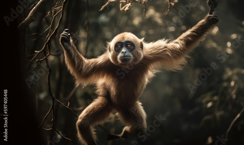 Gibbon suspended mid-air in a forest clearing. Composition showcases gibbon's agile & acrobatic nature, as it swings effortlessly from branch to branch, showcasing its natural habitat. Generative AI