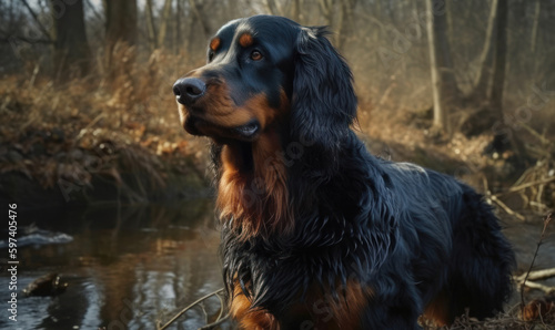 photo of Gordon setter in its natural habitat. Generative AI