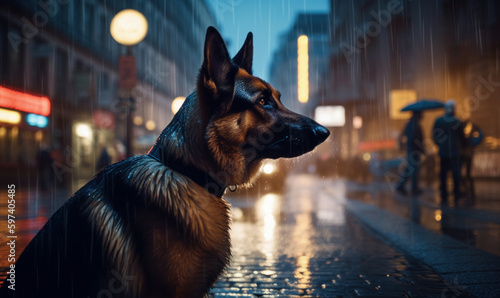 Urban Protector: Photo of guide dog, majestic German Shepherd, standing alert in front of bustling city street. setting emphasizes dog's skill in navigating complex urban environments. Generative AI
