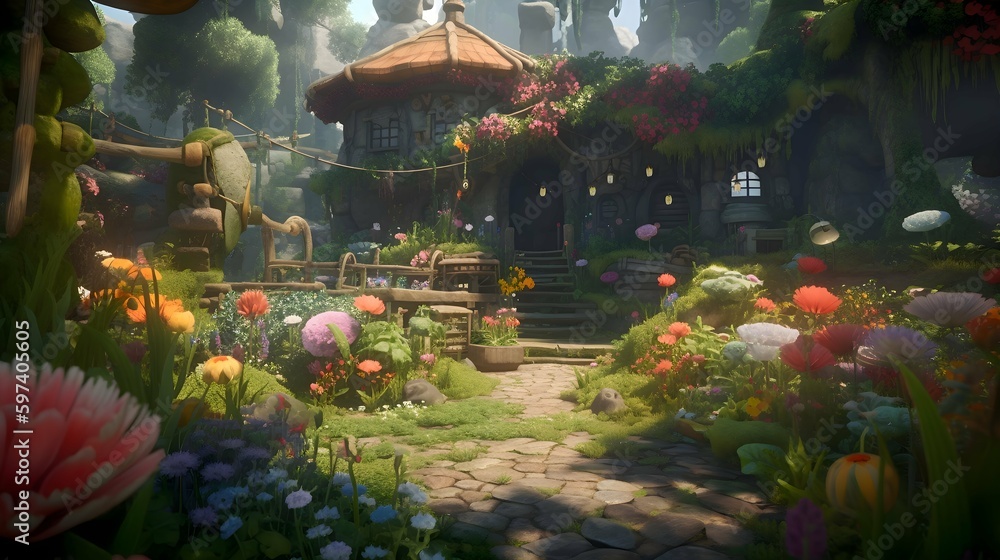 Fototapeta premium A magical garden with talking flowers and plants