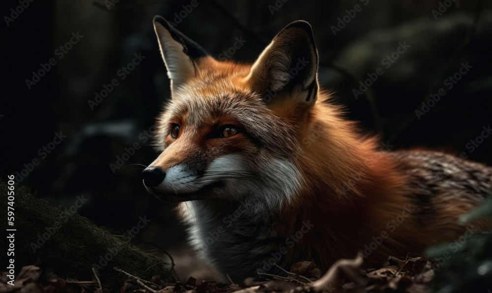 Fototapeta premium close up photo of fox on blurry green forest background. Generative AI