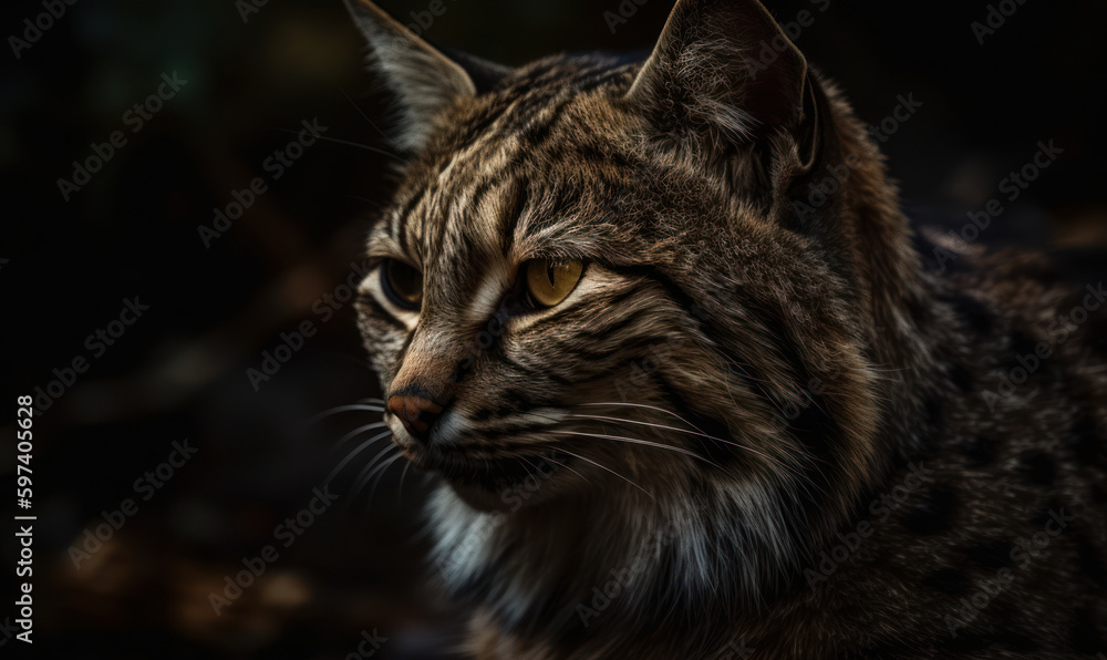 Fototapeta premium close up photo of Geoffroy’s cat on black background. Generative AI