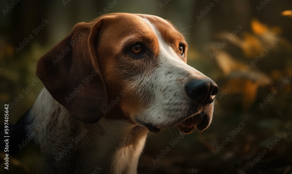 close up photo of foxhound on blurry forest background. Generative AI close up photo of foxhound on blurry forest background. Generative AI