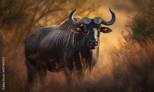 Photo of gnu (Connochaetes) standing tall and regal in the sweeping savannah of Africa, with the warm, golden light of sunset casting a luminous glow around its powerful frame. Generative AI