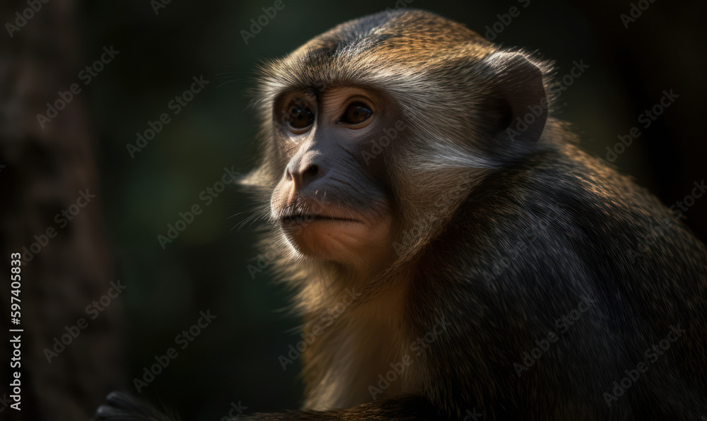 close up photo of guenon primate on blurry bokeh background in its natural habitat. Generative AI close up photo of guenon primate on blurry bokeh background in its natural habitat. Generative AI