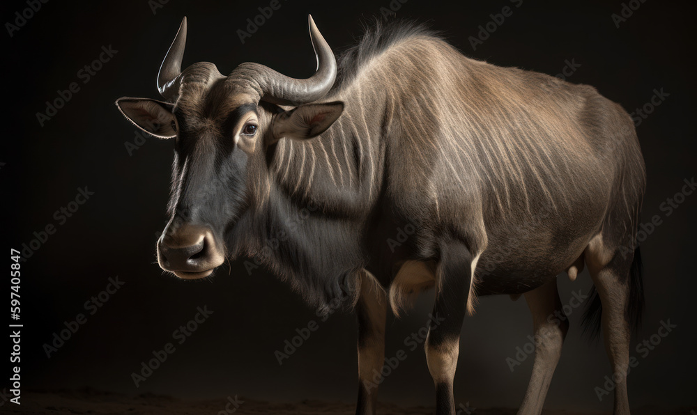 Naklejka premium photo of gnu (Connochaetes) on black background. Generative AI