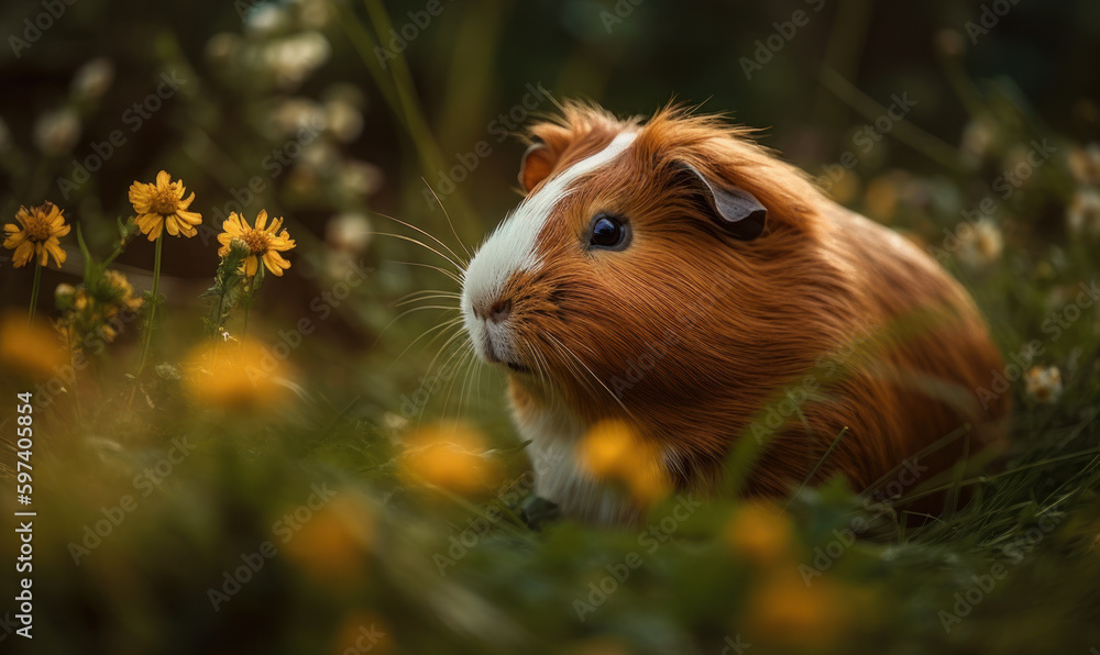 Photo of guinea pig, posed in a lush green field, surrounded by vibrant flowers and towering blades of grass showcasing the guinea pig's soft fur, gentle eyes, and adorable features. Generative AI Photo of guinea pig, posed in a lush green field, surrounded by vibrant flowers and towering blades of grass showcasing the guinea pig's soft fur, gentle eyes, and adorable features. Generative AI