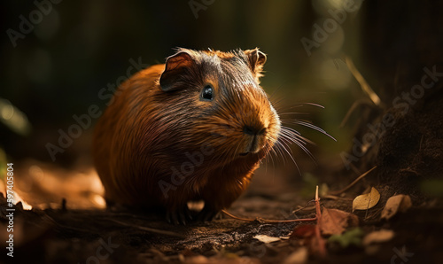 sunset close up photo of guinea pig on blurry forest background. Generative AI