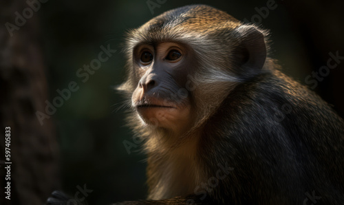 close up photo of guenon primate on blurry bokeh background in its natural habitat. Generative AI