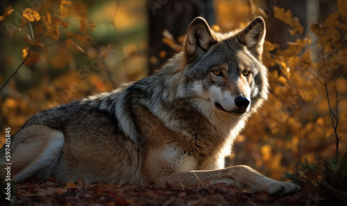 photo of gray wolf sitting on a forest path in Autumn. Generative AI