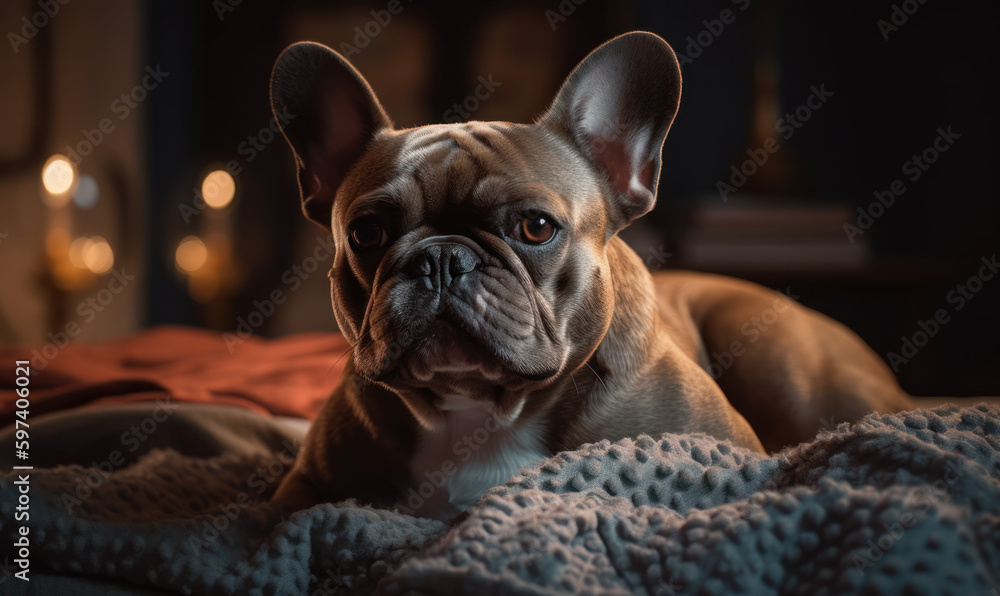 Photo of French Bulldog lounging in a cozy Parisian apartment, surrounded by plush pillows & soft blankets. setting perfectly captures breed's characteristic love of comfort & luxury. Generative AI